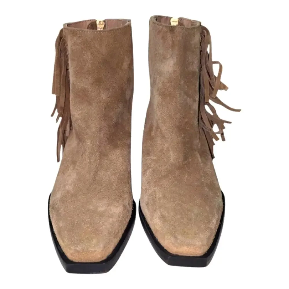 ALLSAINTS Layla Suede Fringe Bootie Cognac Sand BLOCK WESTERN‎ Boots 38 US 8